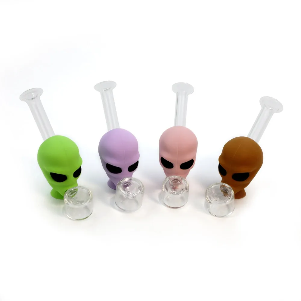 Großhandel protable Schädel Silikon Tabakrohre farbenfrohe Mini Abnehmbar 3D Kreatives Außerirdischer Glas Handlöffel Trockener Kräuterwasserrohr mit Rauchschale