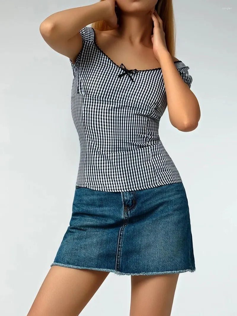 Magliette da donna top a quadri da donna che controllano le magliette a maniche corte per spalla a bassa camicetta taglio a basso taglio