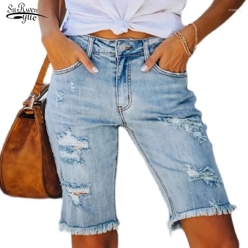 Kvinnors jeans 2024 Summer Knee Lenght Women Shorts Casual Denim For Blue High midja rak kvinnlig kort femme 15306