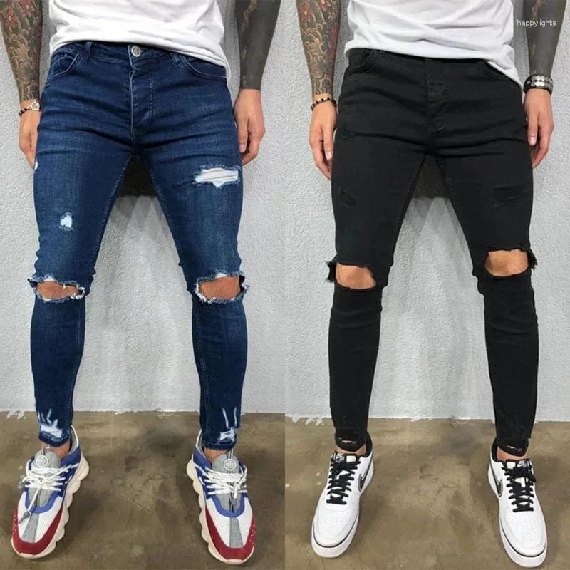 Men's Jeans High Quality Solid Washed Streetwear Joggers Distressed Holes Elastic Skinny Men Ripped Biker Denim Pants Black Dark Blue