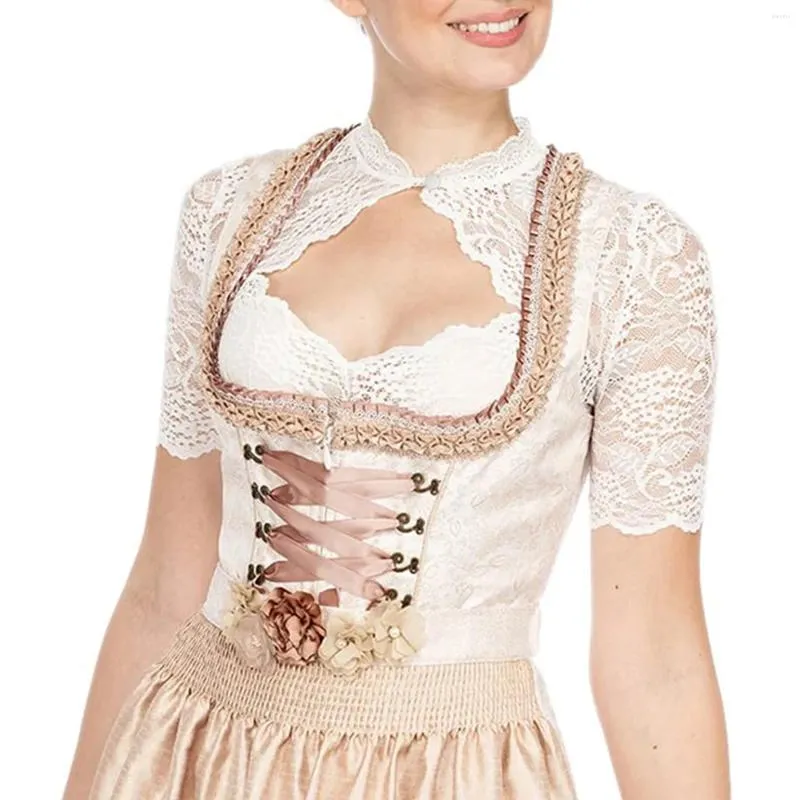 Kvinnors blusar plus storlek elegant spets dirndl blus sexiga ihåliga skjortor toppar och för Oktoberfest se-genom wrap crop crop