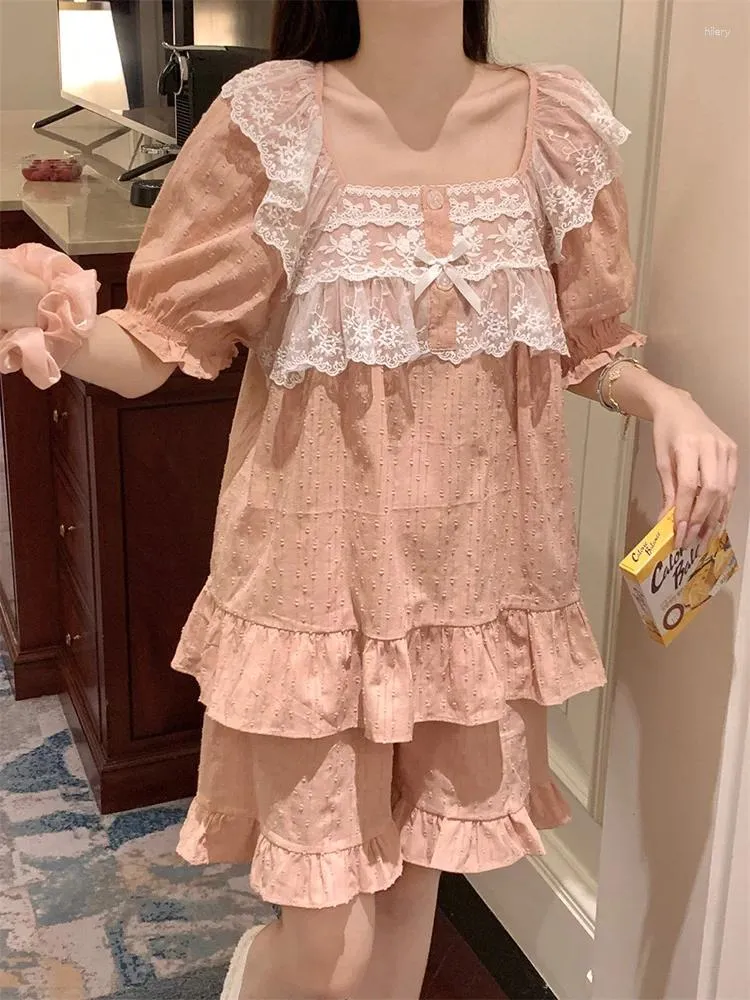 Roupa em casa renda rosa simples doce doce manga curta de verão coreano pijama conjunto feminino algodão feminino férias casuais elegantes sono tops