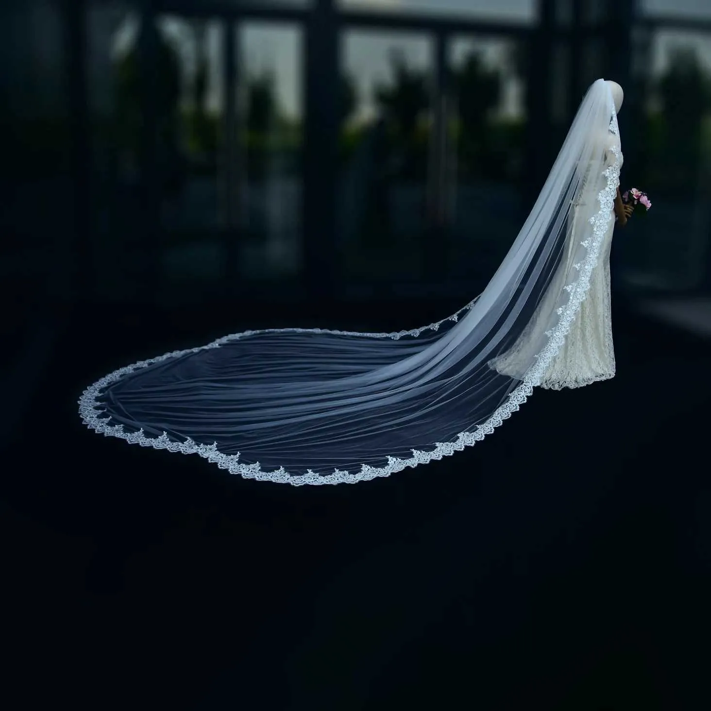 Hair Jewelry V152 Wide Veil Long Cathedral Bridal Veils 1 Tier 3M Lace Appliques Scalloped Edge Mantilla Tulle Wedding_voghion.com