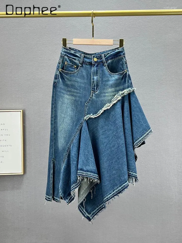 Saias Salia Irregular de jeans de jeans 2024 Primavera verão Cantura alta solta e emagrecer roupas coreanas plissadas