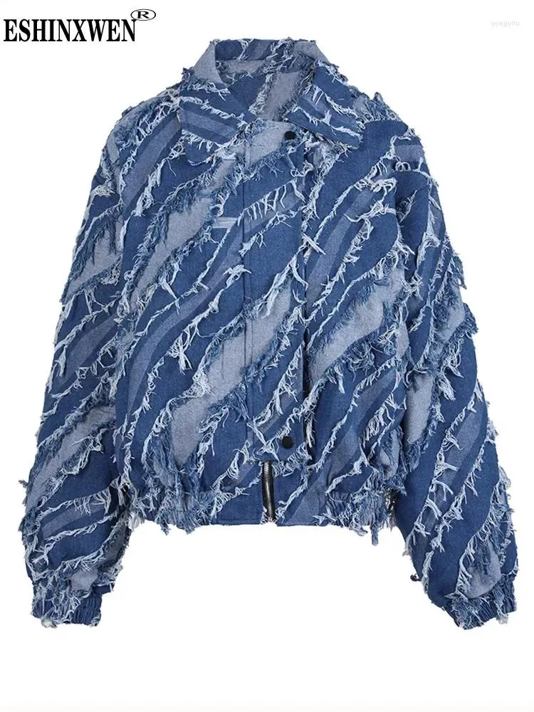 Women's Jackets Eshin 2024 Autumn Loose Fit Blue Denim Tassels Big Size Jacket Lapel Long Sleeve Women Coat Fashion Y2k Clothing TH5470