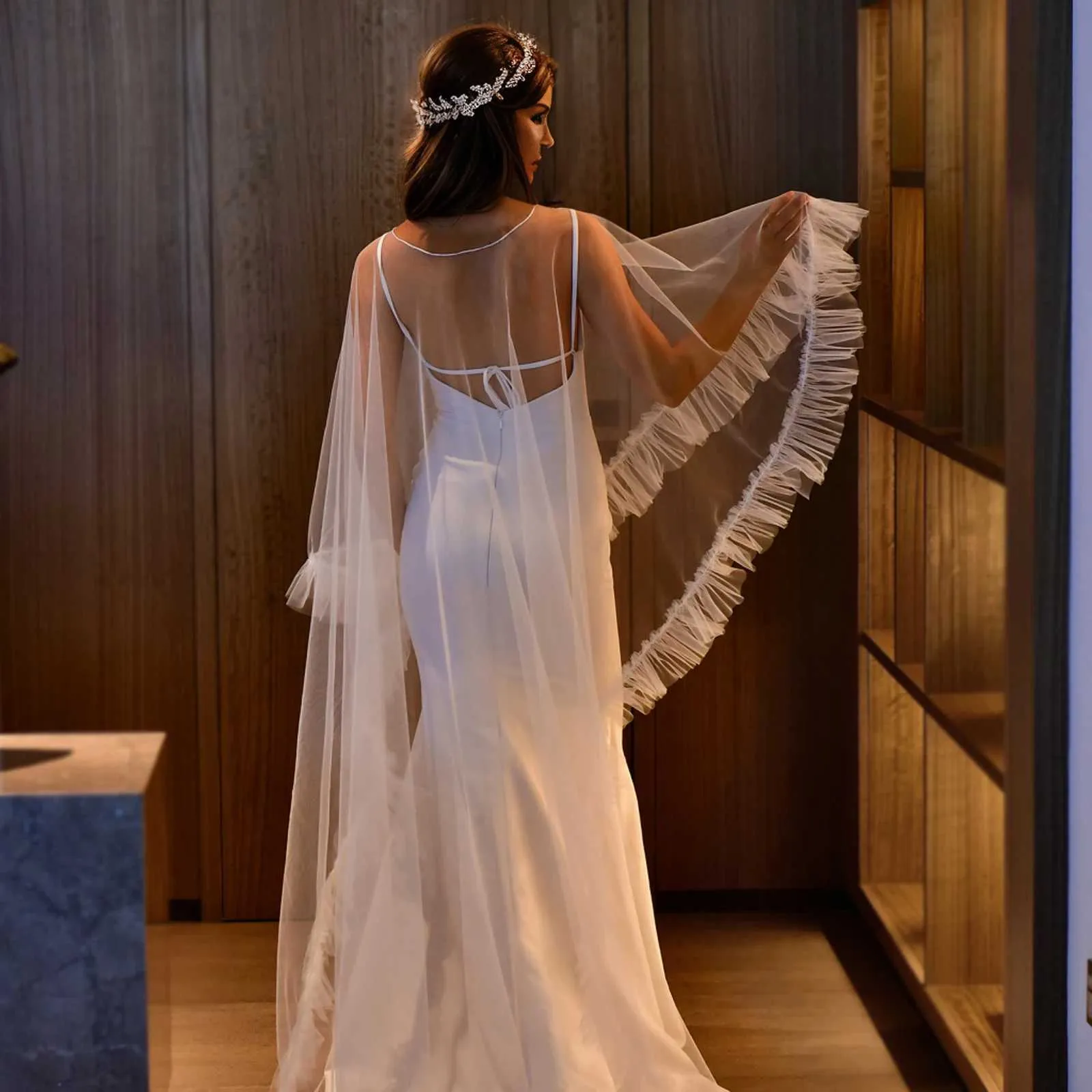 Joyas para el cabello para mujer MZB19, capa de novia larga, velo, bolero de talla grande, chaqueta elegante para mujer, capa tipo catedral para invitadas a la boda_voghion.com