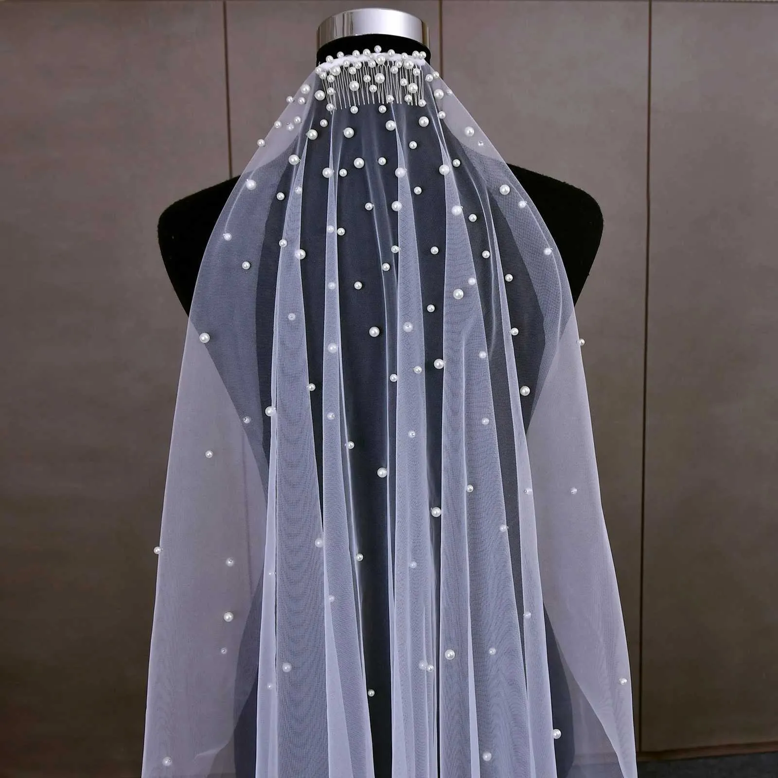 Gioielli V180 Perle Veli da sposa 1 livelli Velo Gradiente Perline Accessori per capelli Spose Mantiglia da sposa per la Chiesa_voghion.com