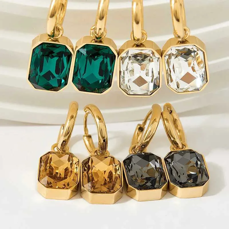 Dangle Chandelier Flashbuy Hot Sale Trend Square Green White Crystal Stainless Steel Earrings For Women Charm Gold Color Earrings Fashion Jewelry T240509