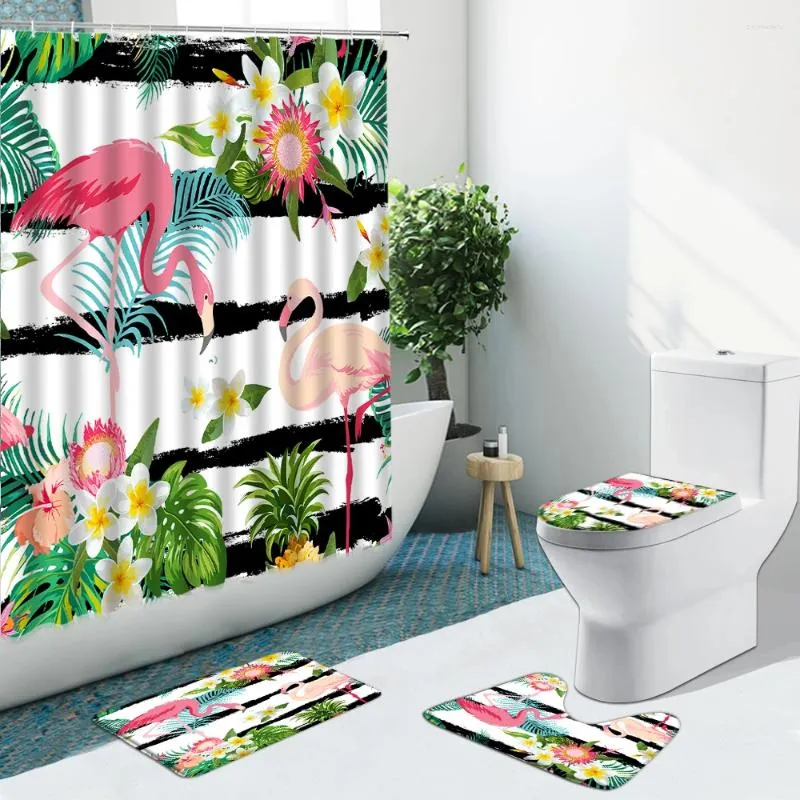 Duschvorhänge Flamingo Blumenvorhang tropische Pflanze Palmblatt Anti-Schlupfteppich Toilettenabdeckung Badematte Teppich Dekor Badezimmer Set