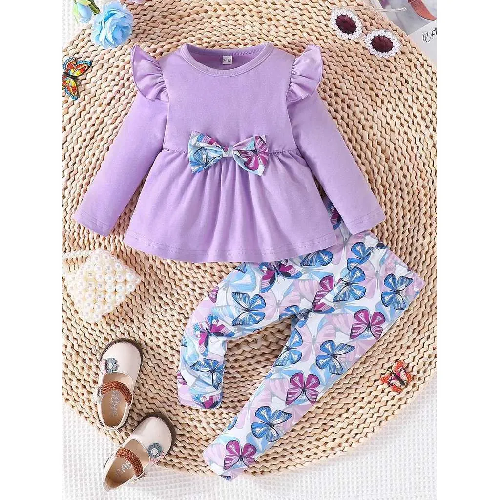 Ensembles de vêtements Ensemble de vêtements pour Kid Girl 3-24 mois à manches longues Blouse violette et dessin animé Pantalon long Pantalon pour le nouveau-né Babyl2405