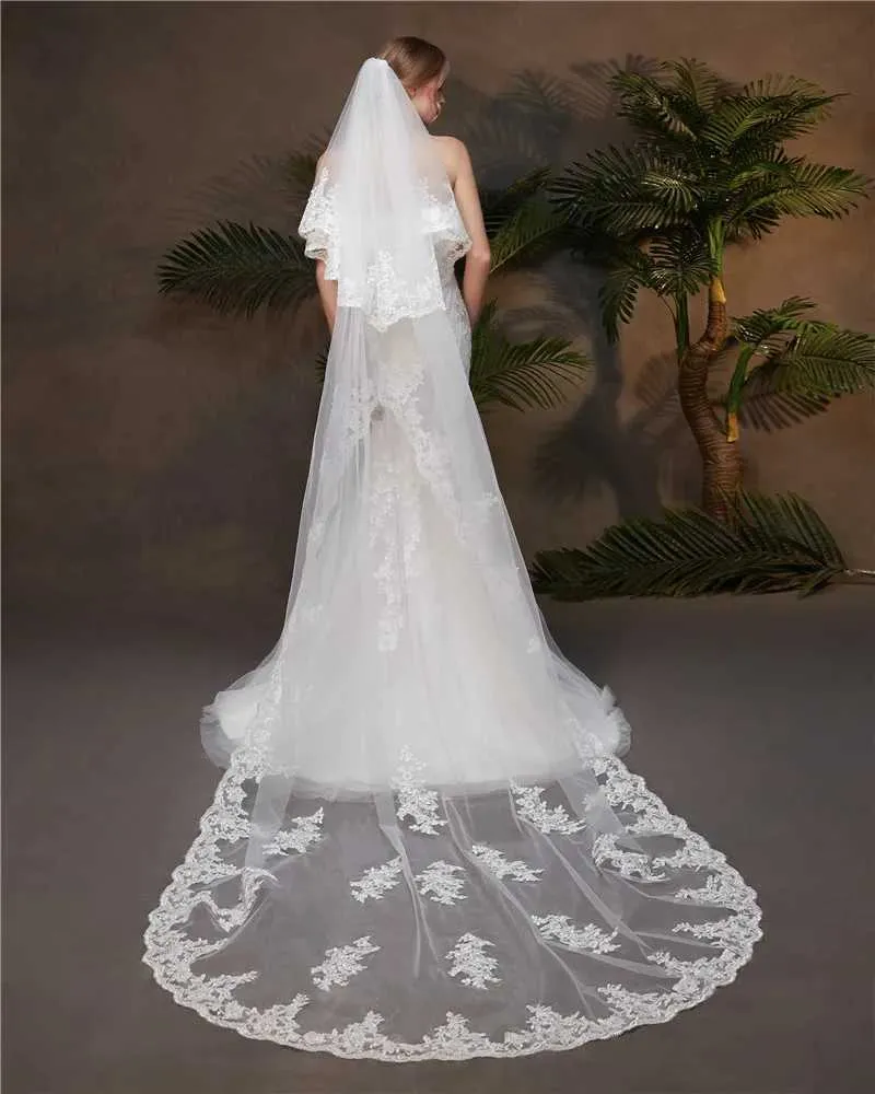 Hir Jewelry Lyer 2 Lce Edge 3M Cthedrl Wedding Veil with Comb for Bride Bridl Veils Accessories Vil Velos De_voghion.com