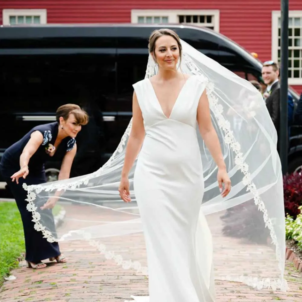 Bijoux de cheveux longs voiles de mariée avec peigne voile à 1 niveau bord festonné bordure en dentelle longueur cathédrale accessoires de mariage pour_voghion.com