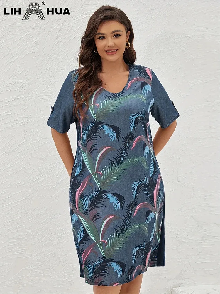 Lih Hua Womens Plus Size Denim Dress Summer Chic Elegant For Chubby Woven Cotton 240430