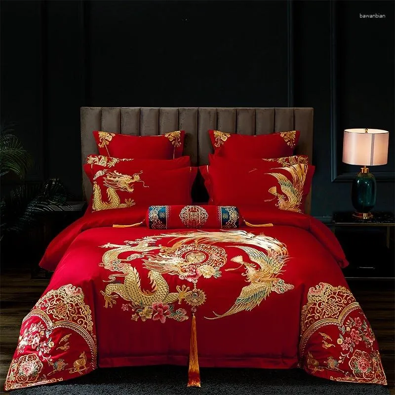 Bedding Sets Luxury 100s Cotton Gold Gold Phoenix Loong Bordado Chinês Conjunto de Casamento Chinês Caminho Casamento Pounhão de Cama