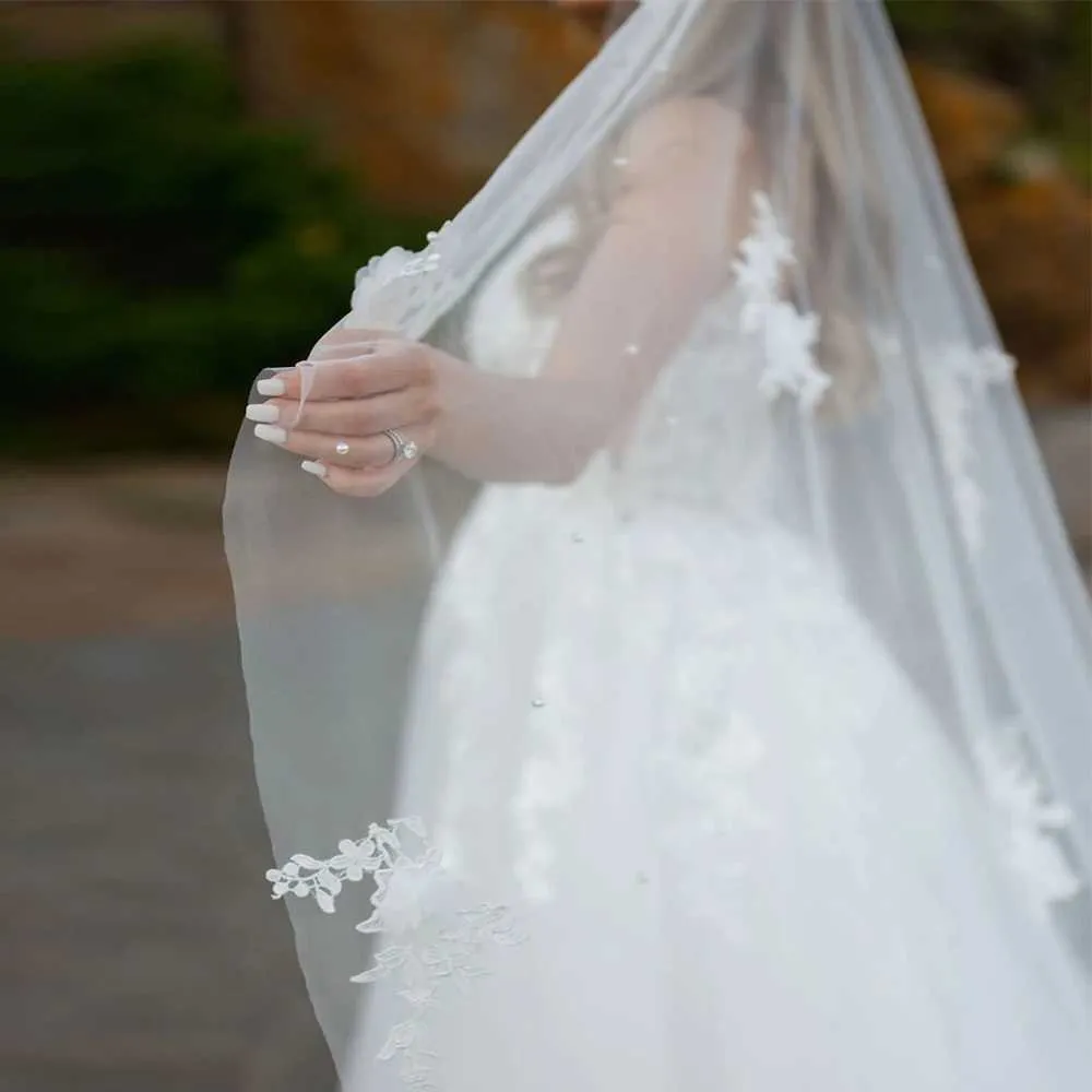 Bijoux de cheveux 3D Fleurs Voiles de mariée Perles Voile 1 Niveau Long Cathédrale veu avec Peigne Accessoires de mariage pour mariée VP56_voghion.com