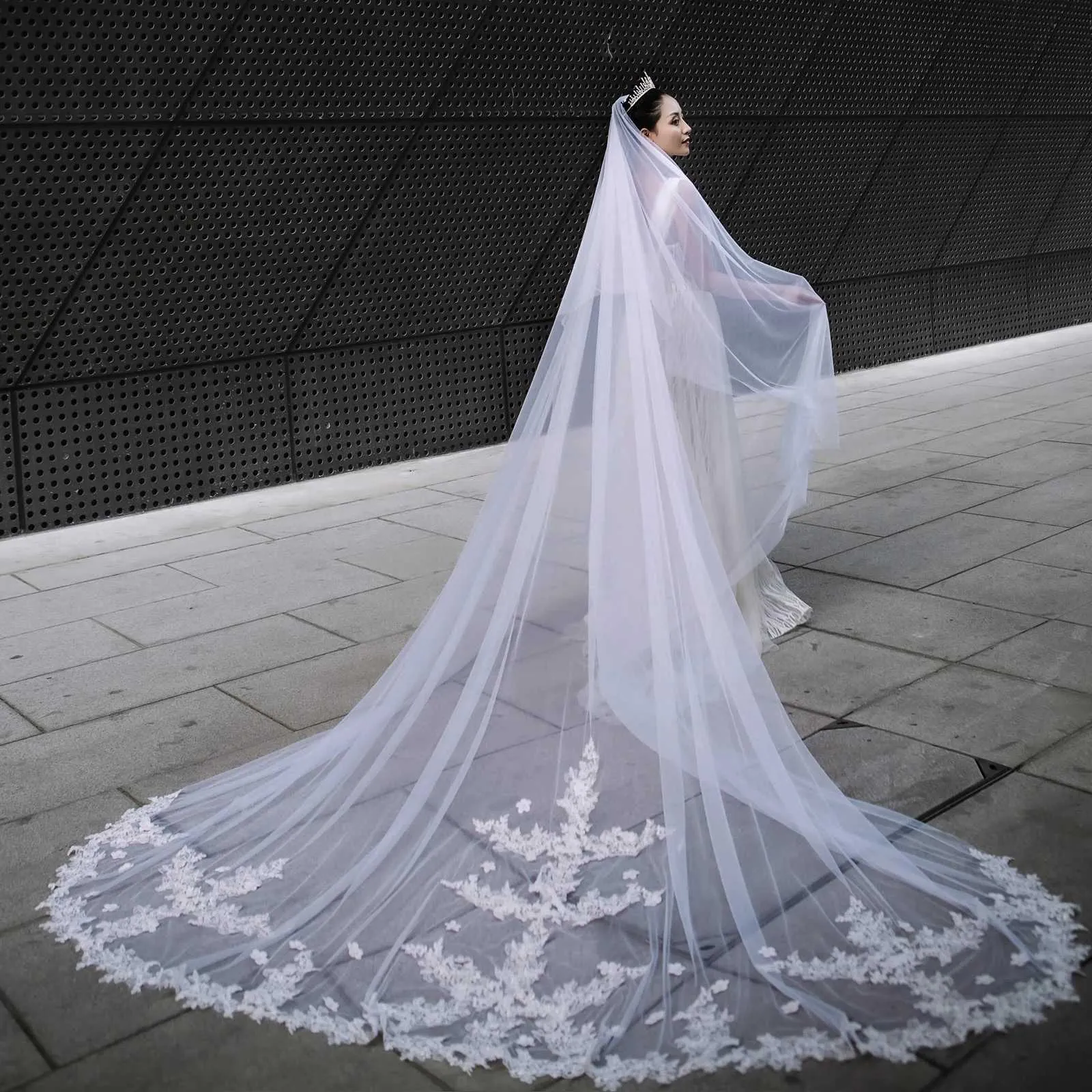 Hir Jewelry Large Lce Ptch Voile De Mariage 2 Niveaux Long Cthedrl Drop Style Illusion avec Blush Bridl Accessoires_voghion.com