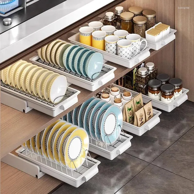 Kitchen Storage Sliding Dish Rack Under Sink Drainer Tableware Cabinets Organizer Drying With Chopstick Barrel