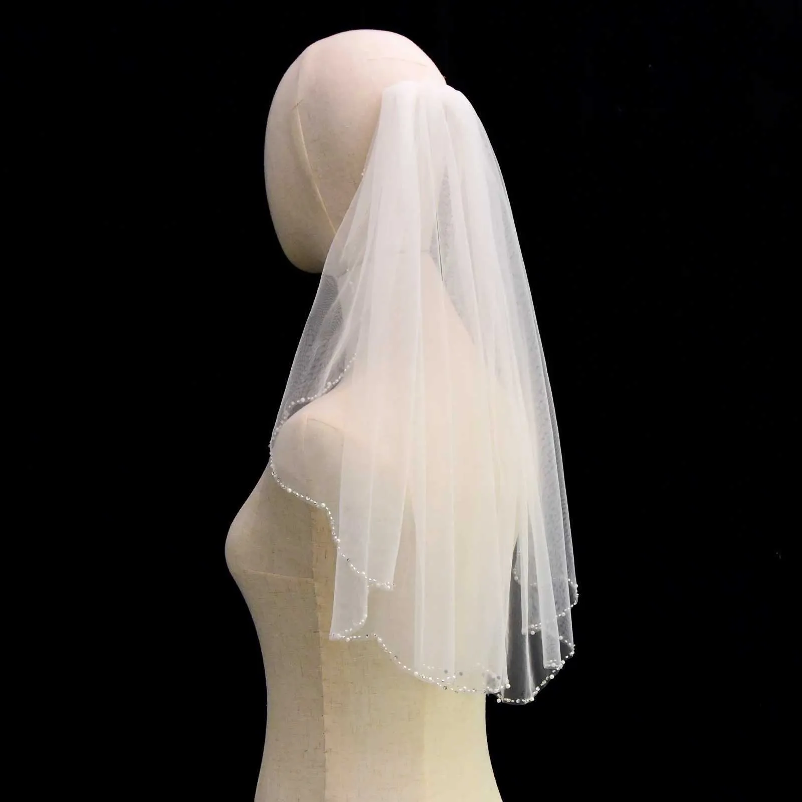 Voal de mireasă scurt cu strass și cristale pentru nuntă_voghion.com