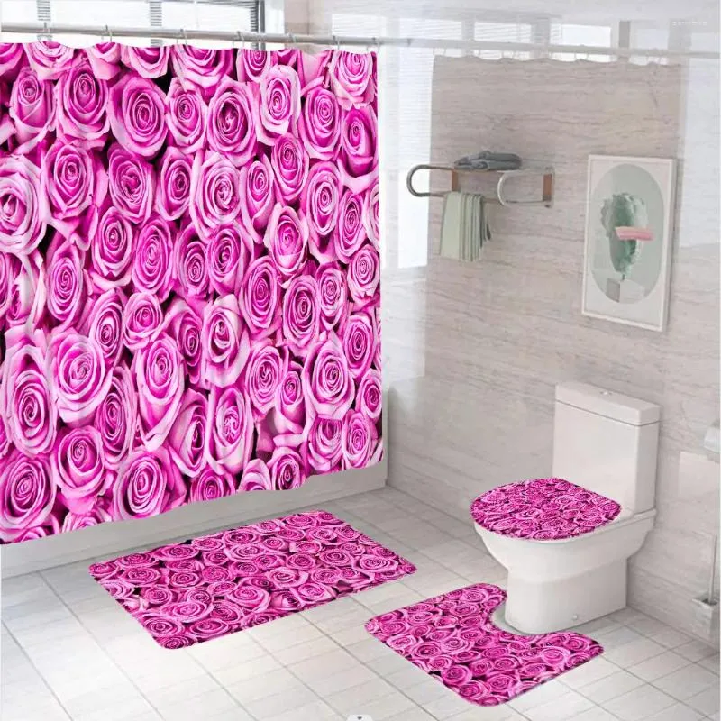 Duschgardiner 4st Purple Rose Curtain Set Fantasy Flower Modern Badrum Dekor Bad Non-Slip Floor Mat Toalettstol Cover Rug