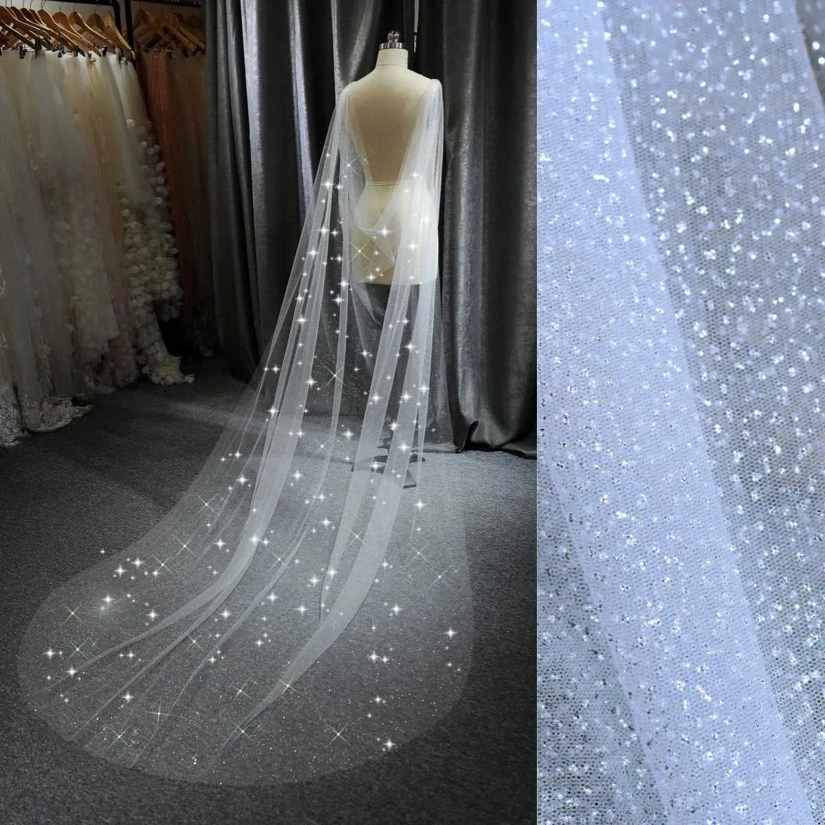Haarsieraden Dames VG41 Sparkling Bridal Cape Sluiers Schoudersluier Sequin Jas Dames Bolero Sjaal Bruiloftsaccessoires_voghion.com