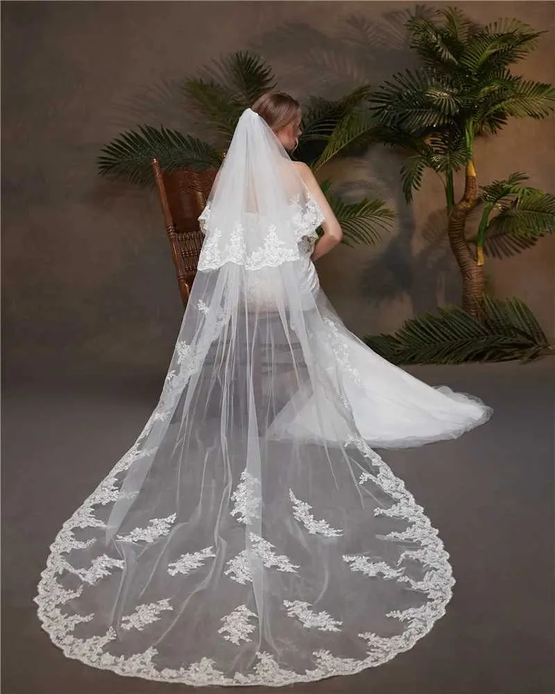 Hir Jewelry Lyer 2 Lce Edge 3M Cthedrl Wedding Veil with Comb for Bride Bridl Veils Accessories Vil Velos De_voghion.com