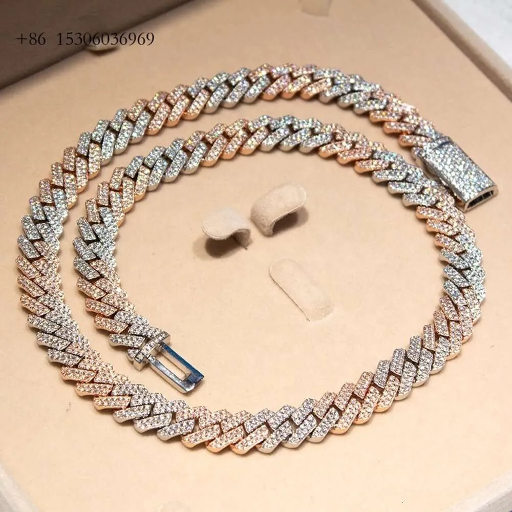 Sprudeln Sterling Sier 15mm zwei Ton Iced VVS Moissanit Diamond Cuban Link Kette für Männer