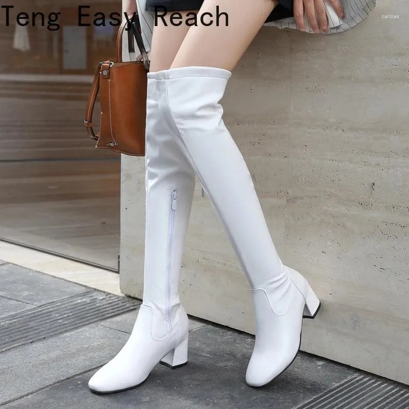 Boots 2024 Fashion Knee High Femmes Winter Square Loe Talon Long Toe Zipper automne Femme Blanc Blanc