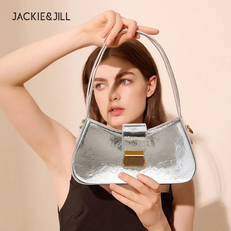 Jackie Jill Baguette Bag Silver Black Simple Underarm Head Layer Cowhide Dames enkele schouder Western Style Trend 240429