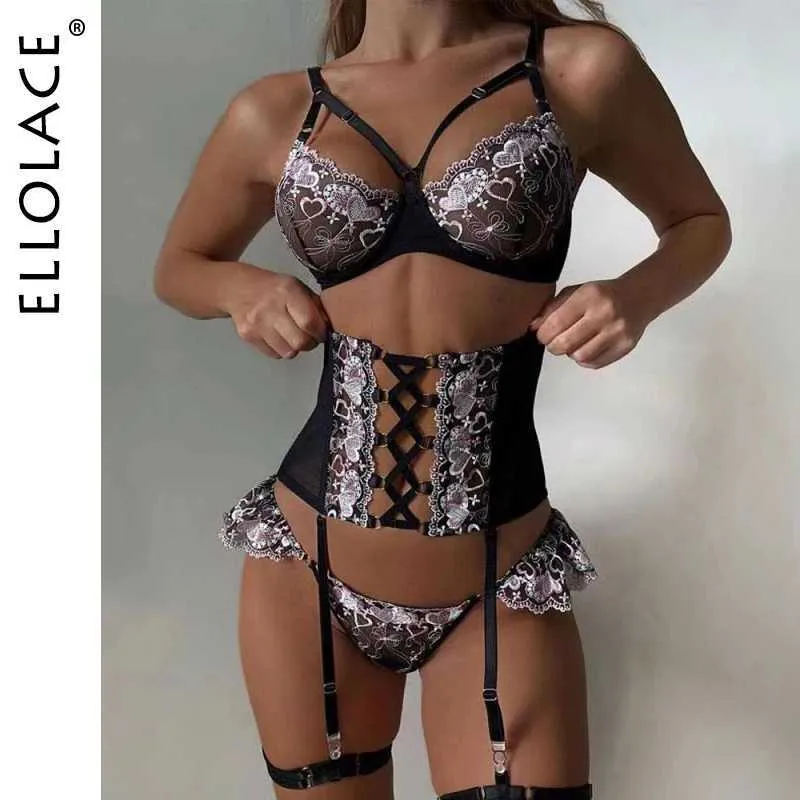 Sexy set ellolace sensuele lingerie vrouw erotische dames ondergoed fancy bh met botten korte sets verband tailleband bilizna q240511