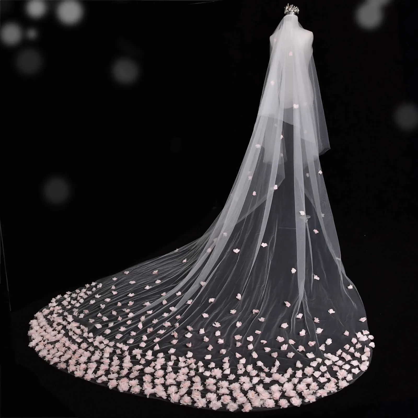 Hair Jewelry V95 Wide Pink Flower Appliqued Wedding Veil Long Cathedral Style Illusion 2 Tier with Comb Bridal_voghion.com