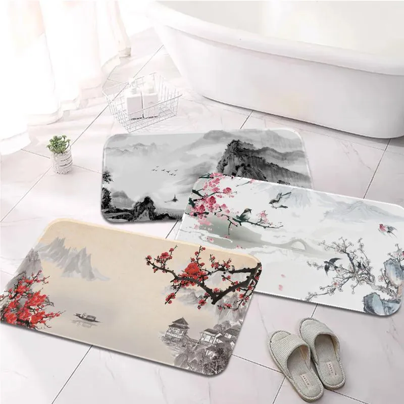 Carpets Chinese Art Painting Imprimé en flanelle Platage de salle de bain Décor de salle de bain Not Slip pour le salon cuisine bienvenue pailtre