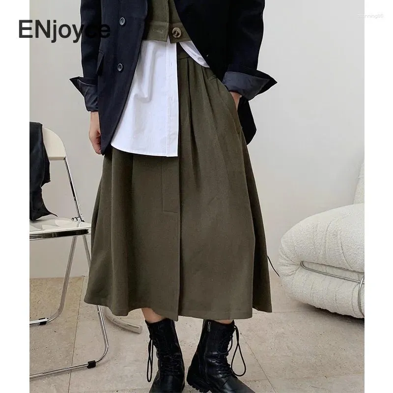 Etek bahar kadınlar vintage şemsiye uzun etek Kore tarzı A-line kadın gevşek modern moda cep bölünmüş maxi