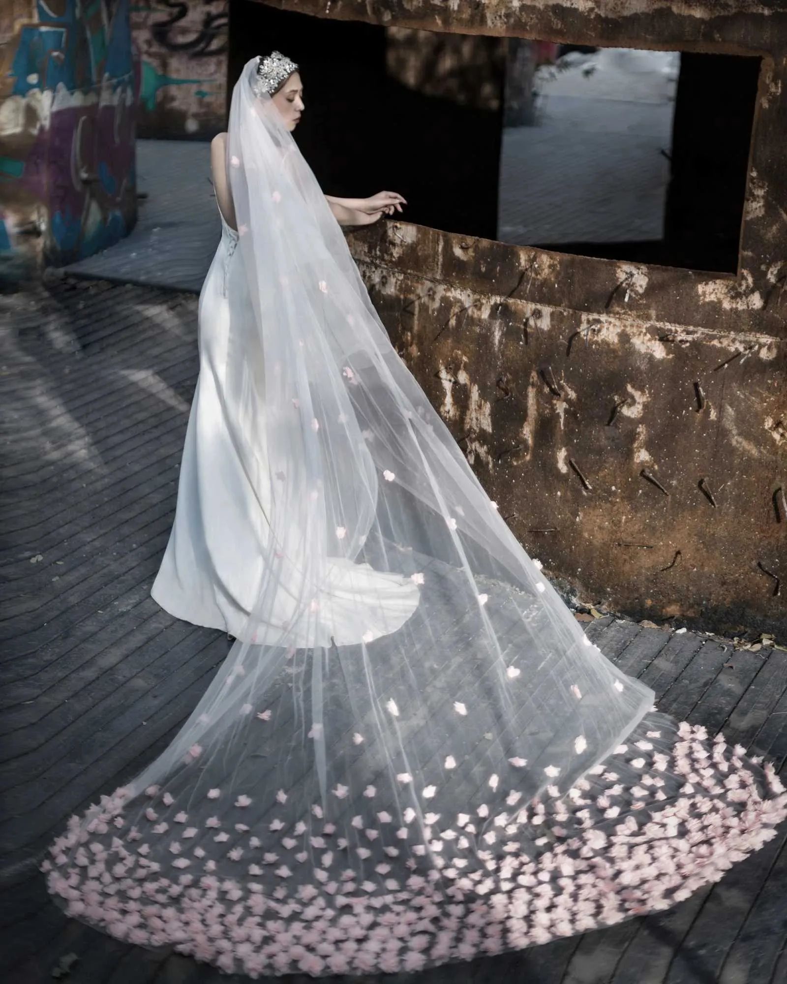 Hair Jewelry V95 Wide Pink Flower Appliqued Wedding Veil Long Cathedral Style Illusion 2 Tier with Comb Bridal_voghion.com