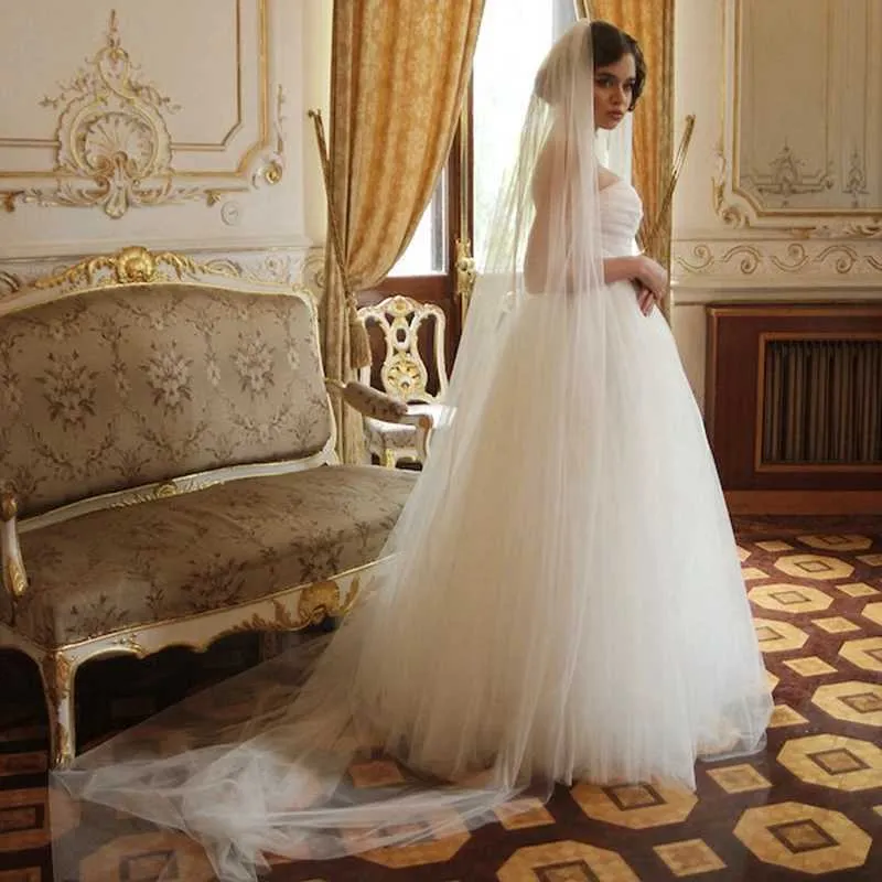 Bijoux de cheveux ivoire cathédrale tulle souple mariage simple niveau mariée vs avec peignes 108/274 cm longueur personnalisée une couche_voghion.com