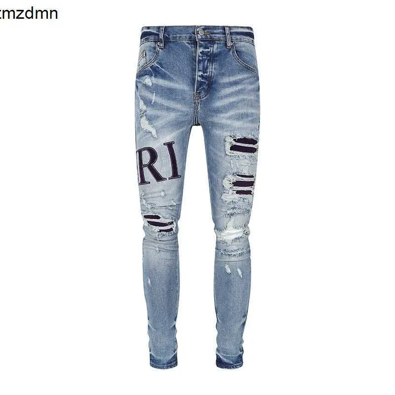 Designer Stack Jeans jeans européen pourpre Jean Men broderie courtepointe Ripped for Trend Brand Vintage Pant Mens Fold Slim Skinny Fashion747