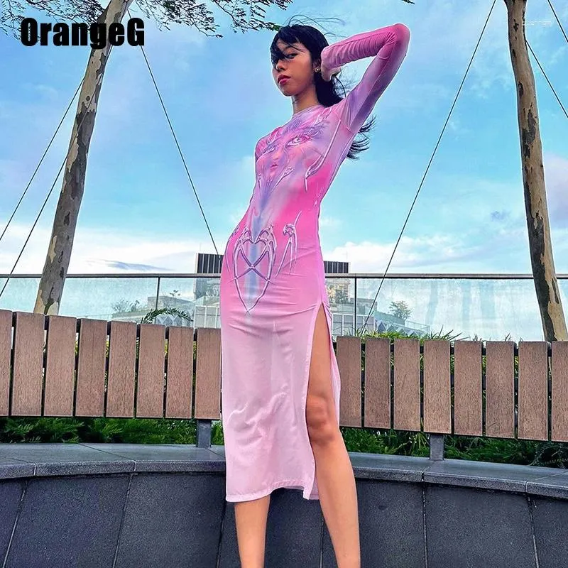 Robes décontractées orangeg rose gradient plein manche longue robe femme transparent coure cou gothique gothique mince caricature de fente fantaisie respirante