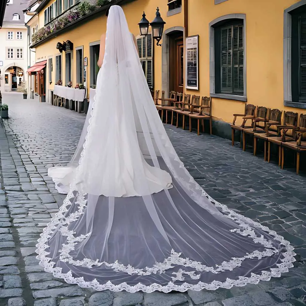 Haarschmuck v110 Langer Schleier Spitzenapplikationen Brautschleier 1-stufig Kathedrale Weicher Tüll Hochzeitskleid Accessoires für die Braut_voghion.com
