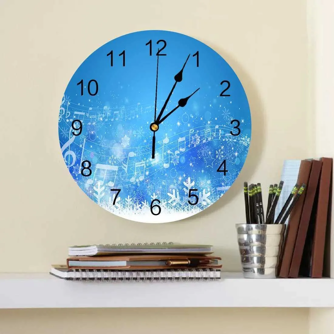 Настенные часы Рождественская музыка синяя зима белые снежинки декоративные круглые стены. Пользовательские часы. Дизайн без тика