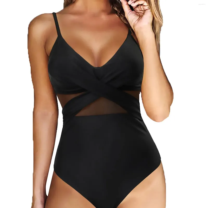 Kobiety stroje kąpielowe 2024 Summer Black Net Kobieta w rozmiarze jednoczęściowym szelkom Swimsuit Push Up Basen Bather Bather kąpiel Kąpiec