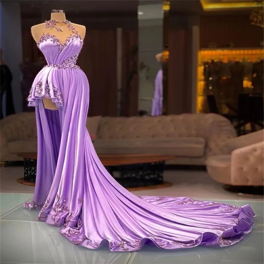 Lilac Prom Dresses Sexy A Line Beading Formal Evening High Neck Gorgeous Satin Appliqued Party Dress Robe de mariee 302i