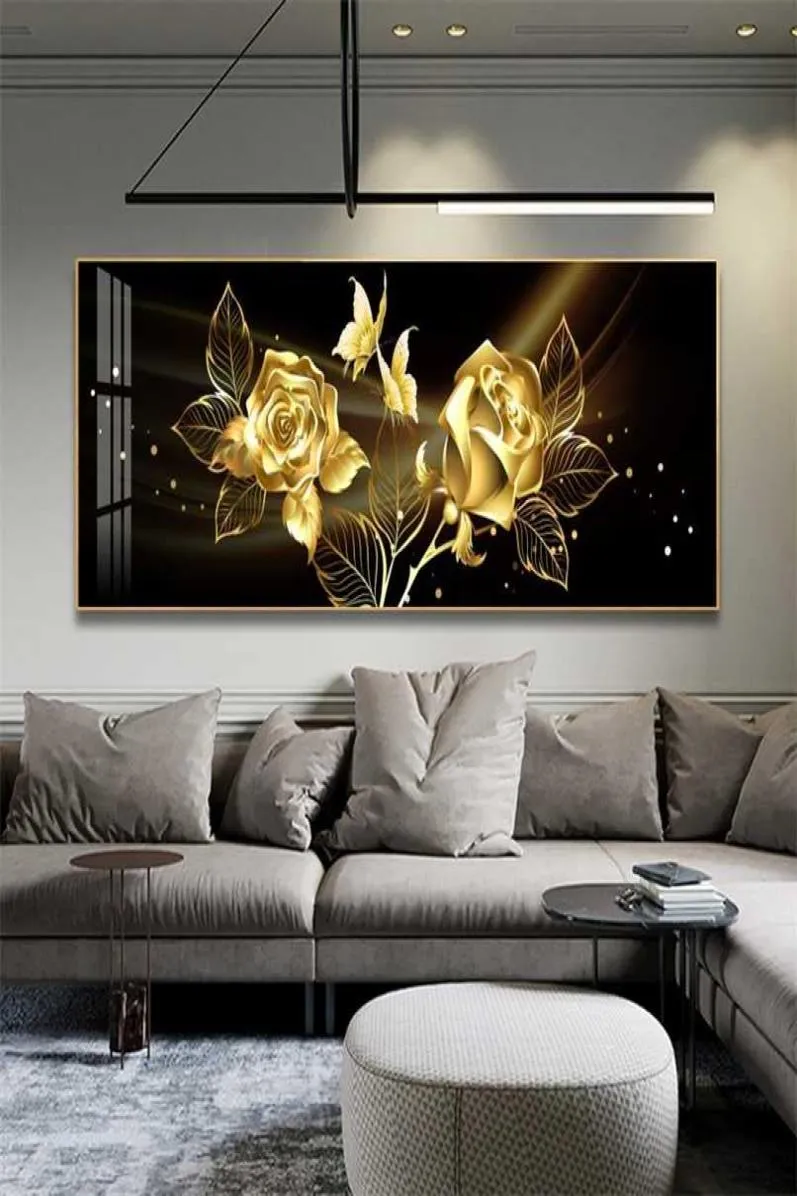 Black Golden Rose Flower Fjäril Abstract Wall Art Canvas Målning Poster Print Horizonta Bild för levande sovrumsdekor 211029354451