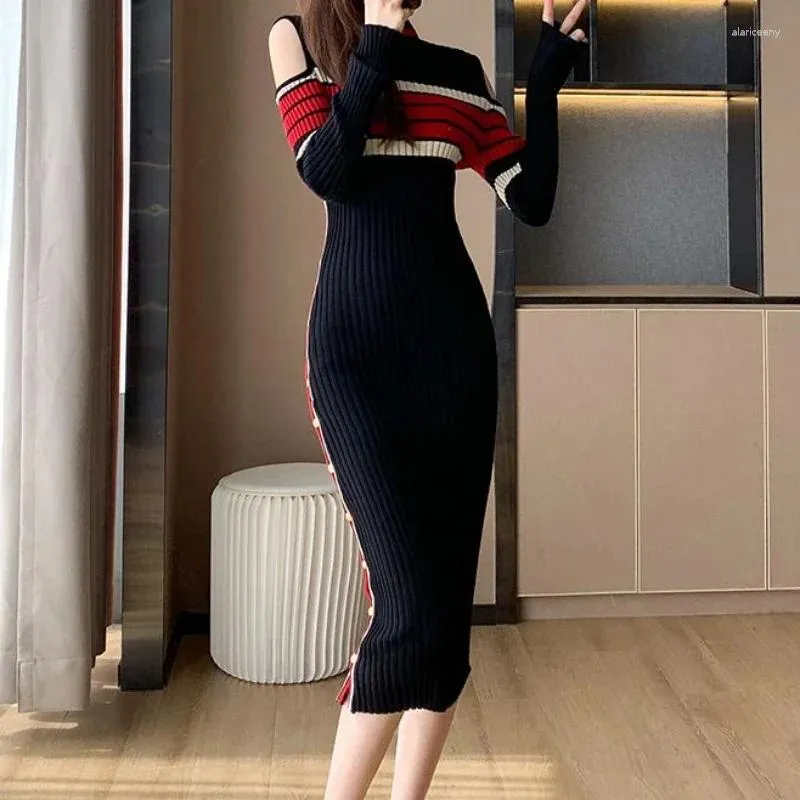 Casual Dresses Long For Women Split Sticke Robe Bodycon Evening Maxi Clothes Sexy Daring Over The Shoulder Woman Dress Thick V938