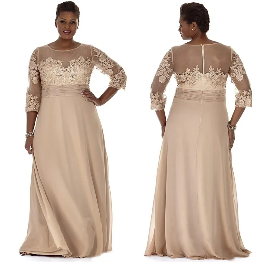 Champagne plus size jurken pure nek lange mouw moeder feest prom jurk avondjurk voor speciale gelegenheid met kant -appliques sd3416 283o