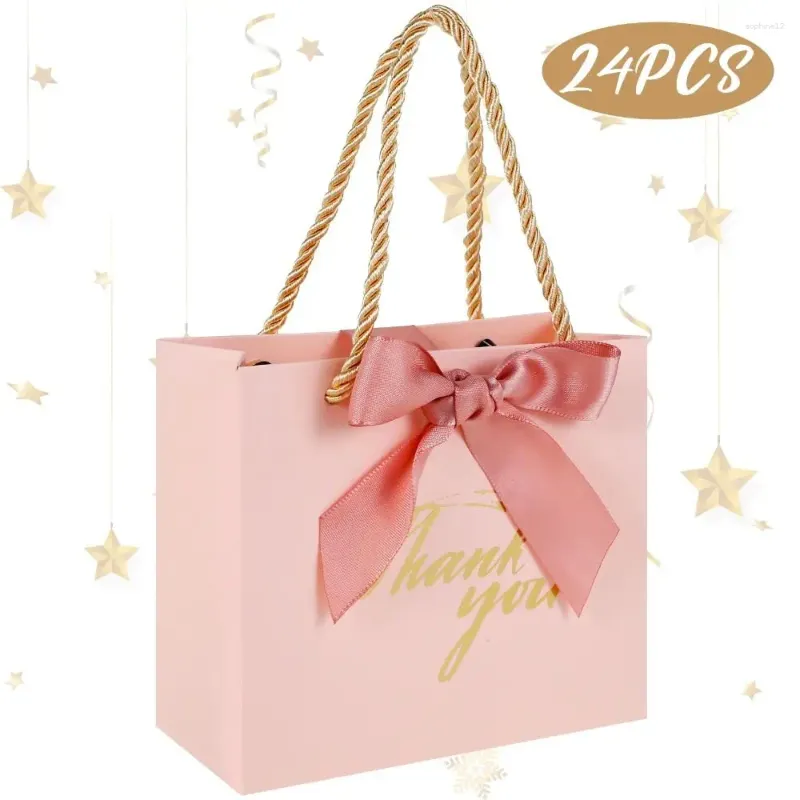 Gift Wrap 24st Gold Bow Ribbon Tack Väskor Kreativt papper med handtag Party Candy Favor