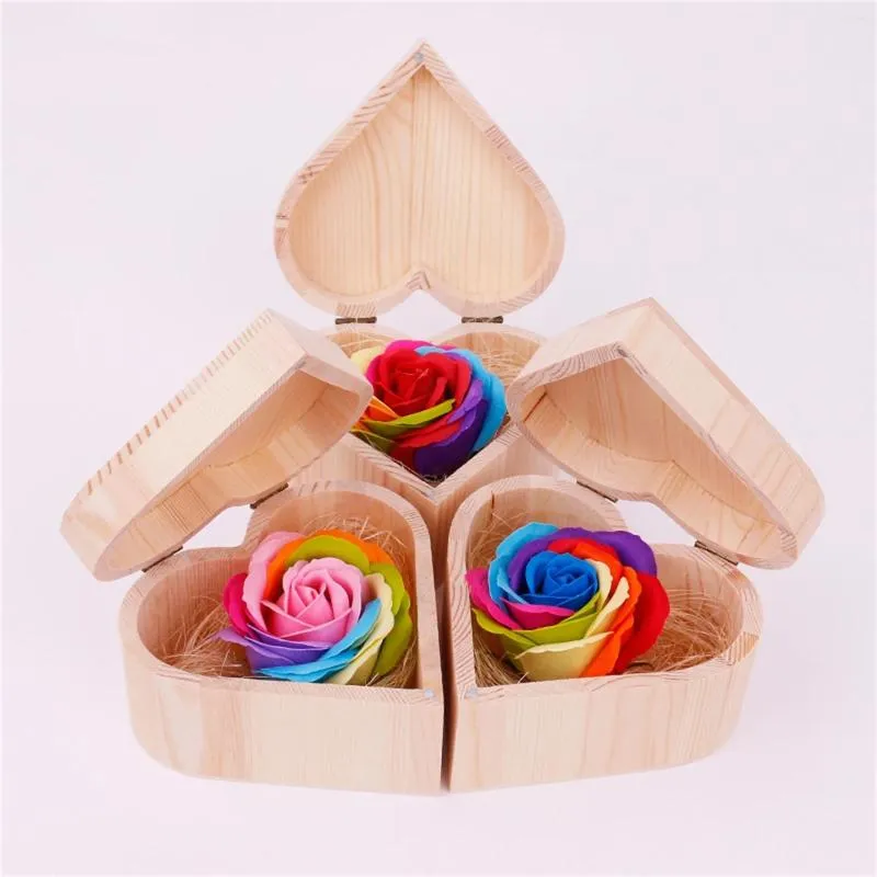 Fleurs décoratives Coeur Shape Boîte en bois Rose Savon Simulation de rangement de fleurs