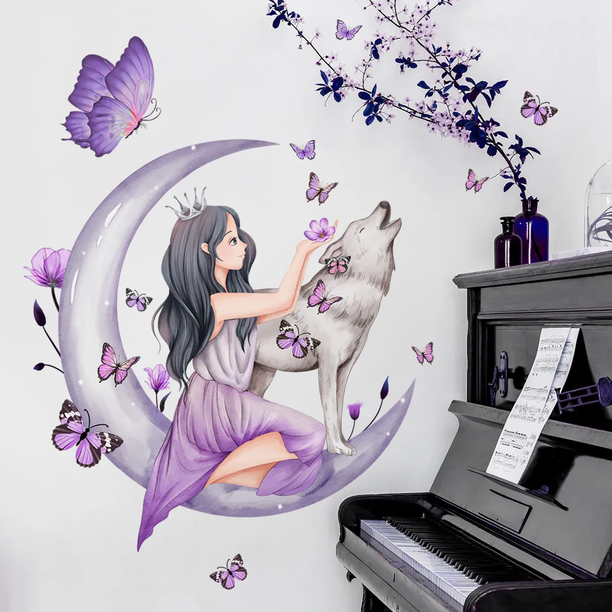 Purple hawthorn girl moon wolf wall sticker for children's room bedroom decoration self-adhesive wholesale wall sticker