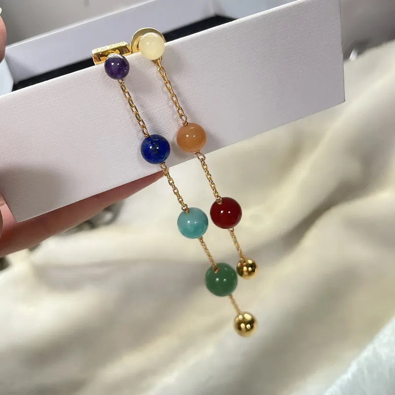 luxury LOEWbrand tassel designer earrings women gold vintage aretes oorbellen brincos apis lazuli bead colorful gemstone asymmetrical earring ear rings jewelry