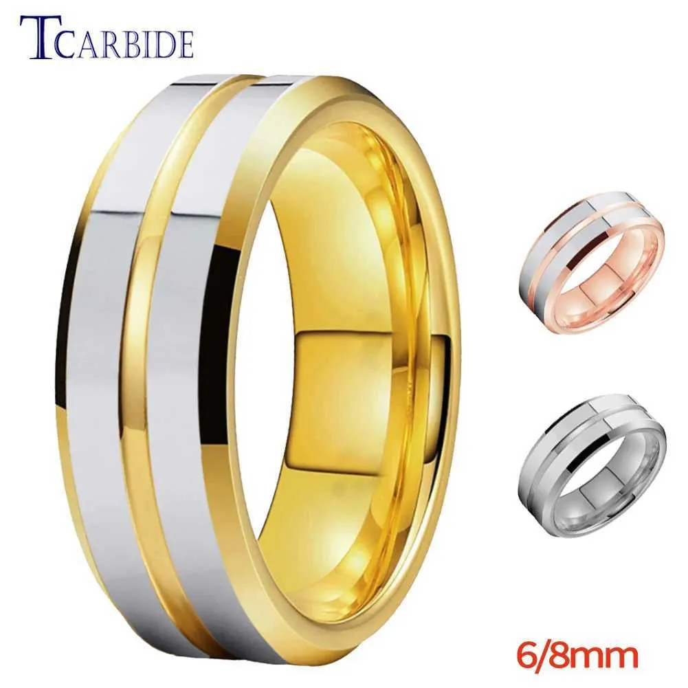 Anelli per matrimoni 6 mm 8mm Bella banda da uomo anello di fidanzamento di tungsteno con scanalatura centrale dorata e lucidatura smussata per il comodo fit Q240511