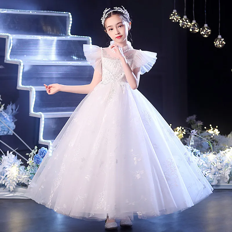 Flower Girl Dress Applique Lace Embroidery Sheer short Sleeves Kids ball Gowns Lace Appliqued Beads Pageant Gowns tulle Floor Length Ruffled First Communion Dress