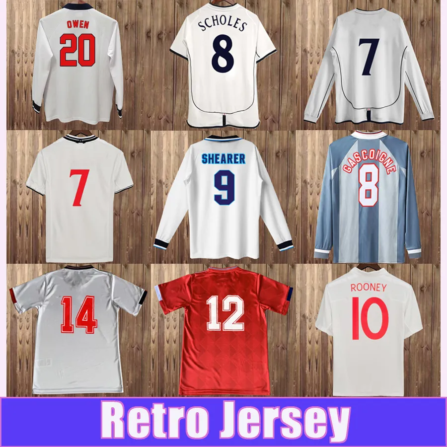 1989 2012 Jerseys de football rétro de Shearer Mens Owen Southgate Sheringham Scholes Gerrard Rooney Gascoigne Home White Away Football Shirts